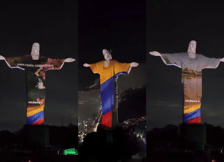 Cristo Redentor en Río de Janeiro, Brasil, iluminado con paisajes colombianos. Foto: Captura de video