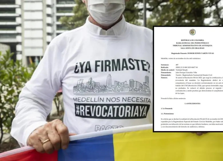 Adelante, la decisión judicial. Atrás, un plantón en favor de la revocatoria al entonces alcalde Daniel Quintero. Foto: Andrés Camilo Suárez Echeverry