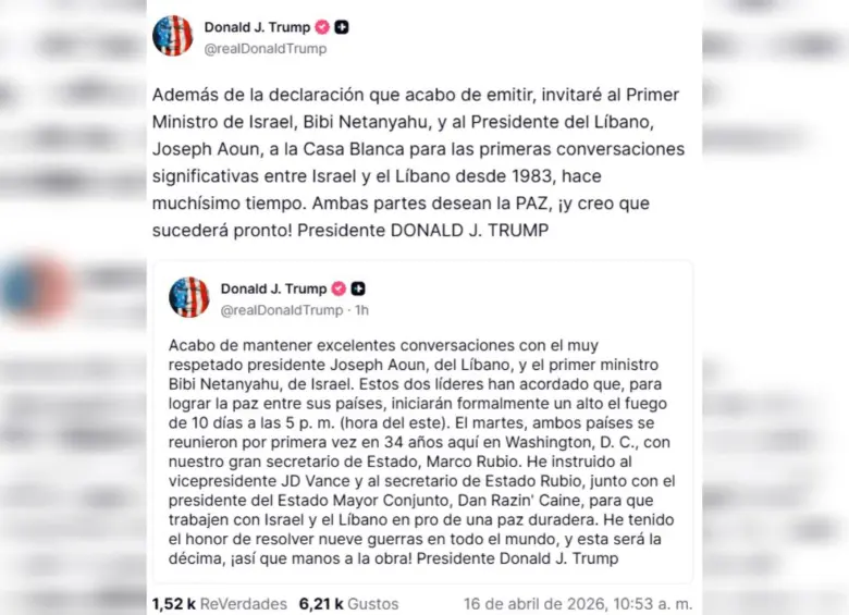 Trump dio parte del resultado de las negociaciones entre Israel y Líbano en su plataforma. Foto: captura Truth Social