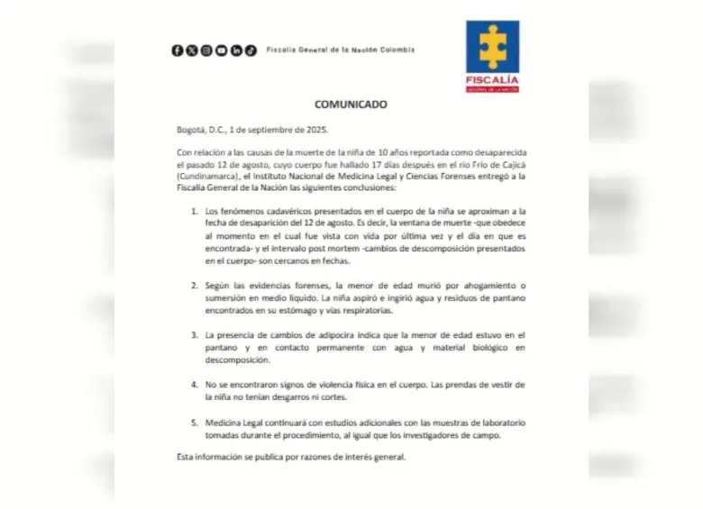 Este fue el informe compartido por la Fiscalía General de la Nación sobre la muerte de Valeria Afanador. Foto: Cortesía
