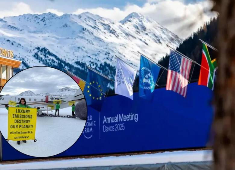 De acuerdo con Greenpeace, en los últimos años se ha triplicado el uso de jets privados para llegar a Davos, Suiza. Fotos: Greenpeace y Foro Económico Mundial