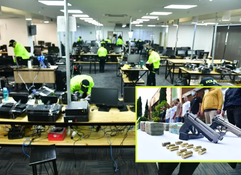 Adelante, los detenidos con parte de los elementos incautados. Atrás, el “call center” que los estafadores operaban desde la comuna de El Poblado. FOTO: Cortesía MEVAL.