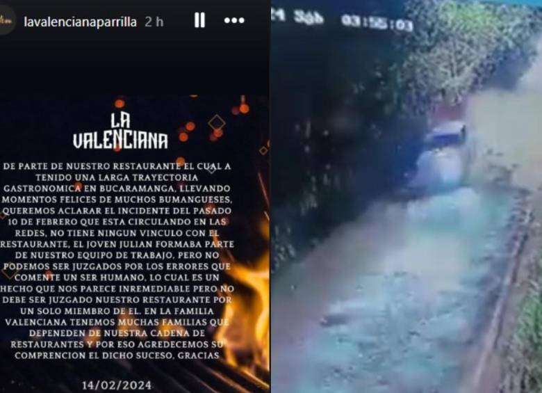 Por medio de una historia en Instagram, el restaurante corroboró lo sucedido, pero pidió no ser juzgado por los errores de Julián Andrés. FOTO: INSTAGRAM LA VALENCIANA Y CAPTURA VIDEO TWITTER
