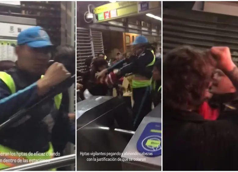 Momentos de la pelea en la estación de TransMilenio. FOTO: Captura de video de redes sociales @lajuanapho