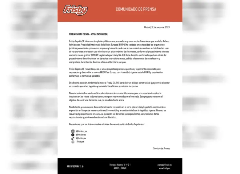 Frisby SL España publicó un comunicado en sus redes sociales. Foto: @frisbyes