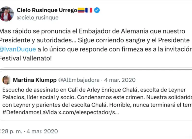 Mensaje de cuando se pronunció contra Iván Duque. FOTO: CAPTURA REDES SOCIALES CIELO RUSINQUE
