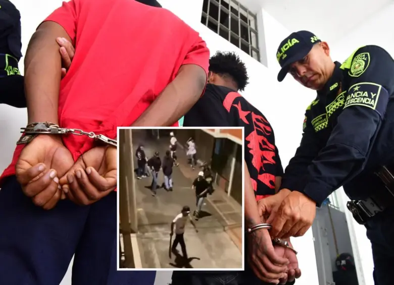 Adelante, imagen de referencia de una riña a machete. Atrás, los capturados por la Policía. FOTO: Cortesía MEVAL e imagen tomada de redes.
