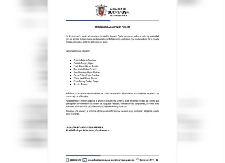 A través de un comunicado la Alcaldía de Sutatausa confirmó quiénes eran los nueve mineros fallecidos. 