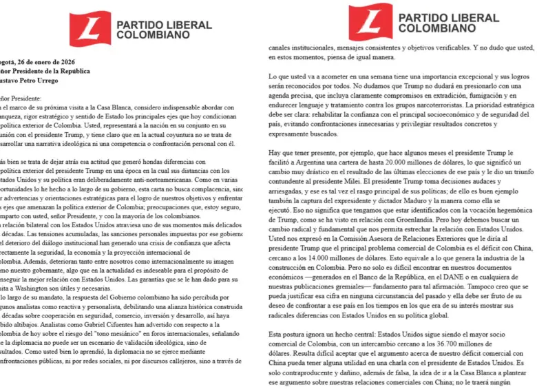 En la carta, el expresidente Gaviria le reitera a Petro la importancia de su viaje a la Casa Blanca. Foto: Partido Liberal