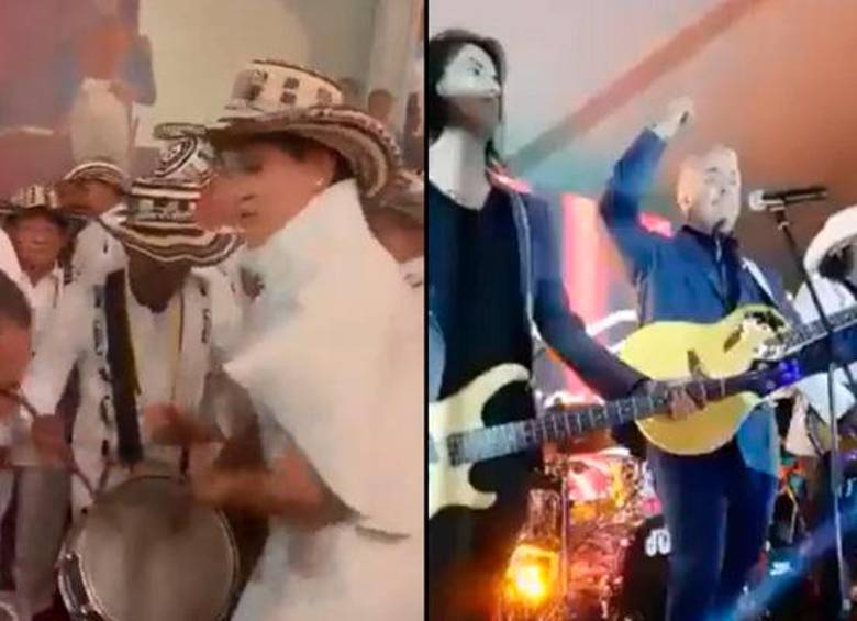 A la izquierda, la primera dama, Verónica Alcócer, bailando al ritmo de un porro y a la derecha el expresidente Iván Duque tocando guitarra con un banda de rock. FOTO redes sociales