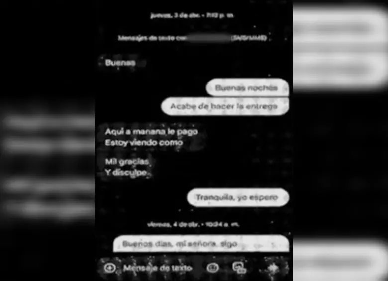 Este fue el chat que presuntamente tuvo Zenaida Vargas Pava con el domiciliario. Foto: Captura Noticias RCN