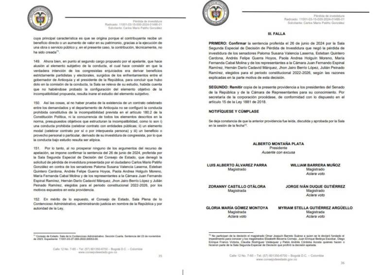 Este fue el fallo del Consejo de Estado sobre la investidura de los congresistas demandados. Foto: Cortesía