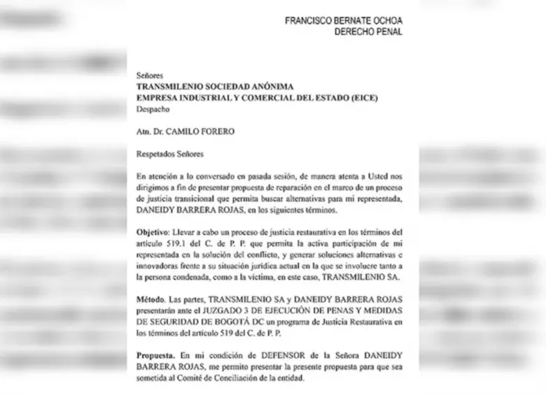 Este es el documento firmado por la defensa de la influenciadora enviado a Transmilenio. Foto: Cortesía