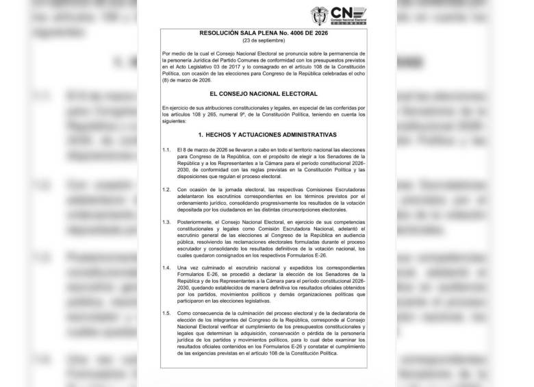 Esta es la resolución con la que el CNE oficializa la pérdida de personería del partido Comunes. Foto: @Marovaan