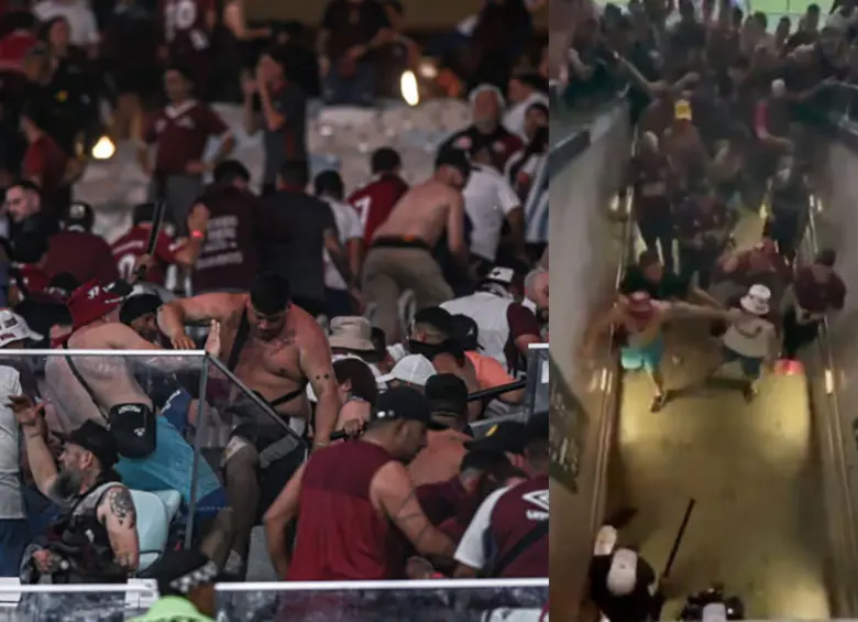 Hinchas de Lanús se enfrentaron a policías brasileros quienes trasladaron una gresca iniciada en los baños hasta las gradas. Fotos: Capturas de videos. 