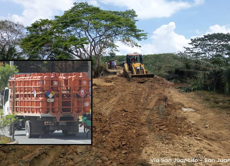 Adelante, imagen de referencia de un vehículo de transporte da gas. Atrás, obras realizadas en Urabá para la llegada de los camiones con el combustible Foto: Manuel Saldarriaga Quintero y Cortesía.