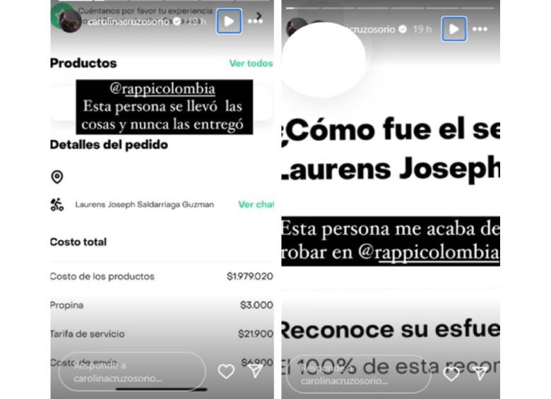 La denuncia de Carolina Cruz en que pidió ayuda a los encargados de la app Rappi. FOTO Instagram @carolinacruzosorio