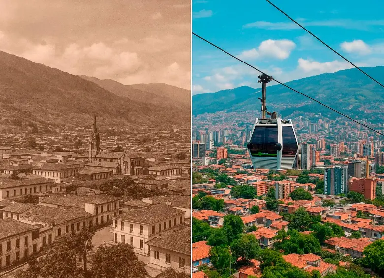 El libro registró la vida comercial y cultural de Medellín en 1925. Un contraste con el actual. FOTO Esneyder Gutiérrez e imagen generada con IA