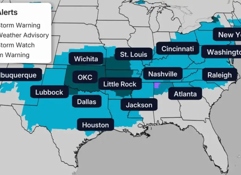 Las ciudades con alertas por la Tormenta Invernal Fern. FOTO: Cortesía de The Weather Channel