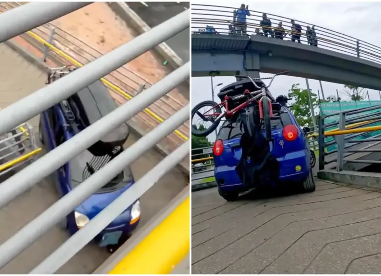 El carro intentando subir por el puente peatonal. FOTO: Captura de video de redes sociales @PasaenBogota