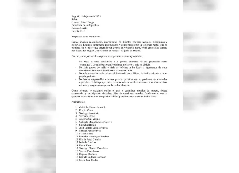 La carta fue radicada este jueves ante la Presidencia. FOTO: Captura de documento suministrado a EL COLOMBIANO