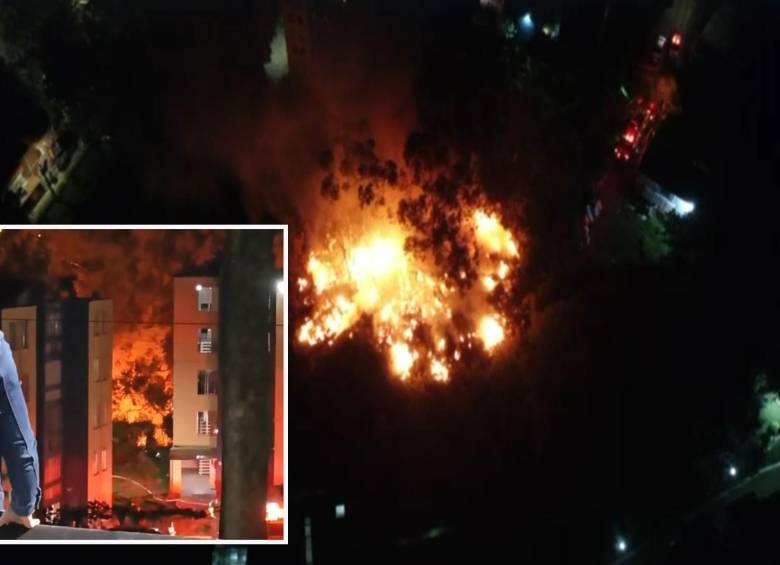 Adelante, el fuego visto desde un edificio cercano. Atrás, toma aérea de la emergencia. FOTO: Cortesía Denuncias Antioquia