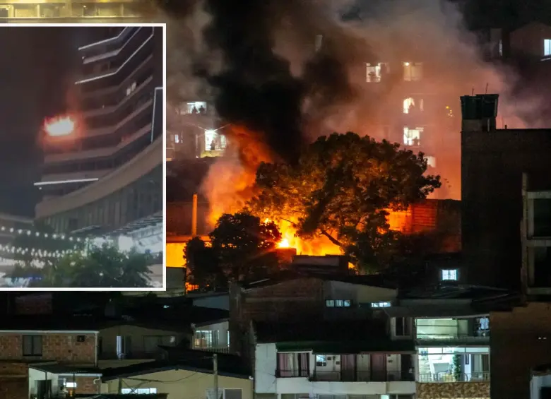 Adelante, la deflagración en el centro de Medellín. Atrás, el fuego expandiéndose al sur de Itagüí. FOTO: Cortesía Denuncias Antioquia y Juan Sánchez.
