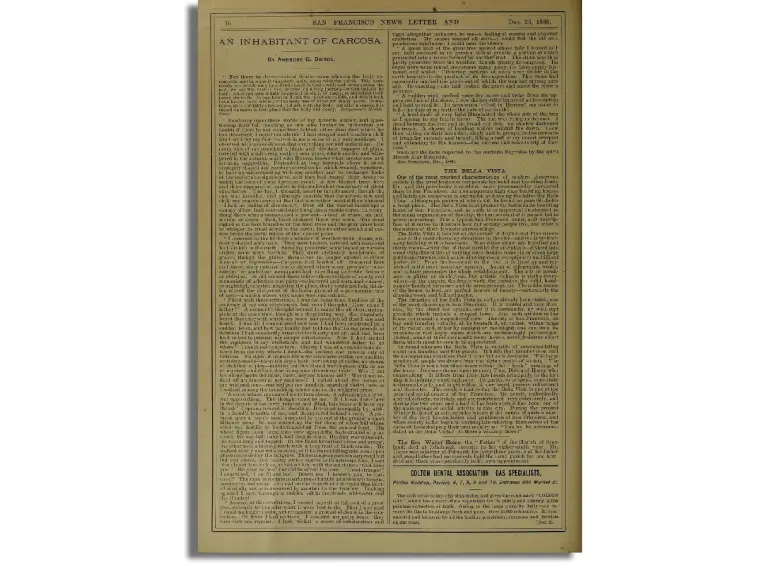 La página 16 del San Francisco News Letter and California Advertiser del 25 de diciembre de 1886, donde Ambrose Bierce publicó por primera vez Un habitante de Carcosa. FOTO archivo California State Library