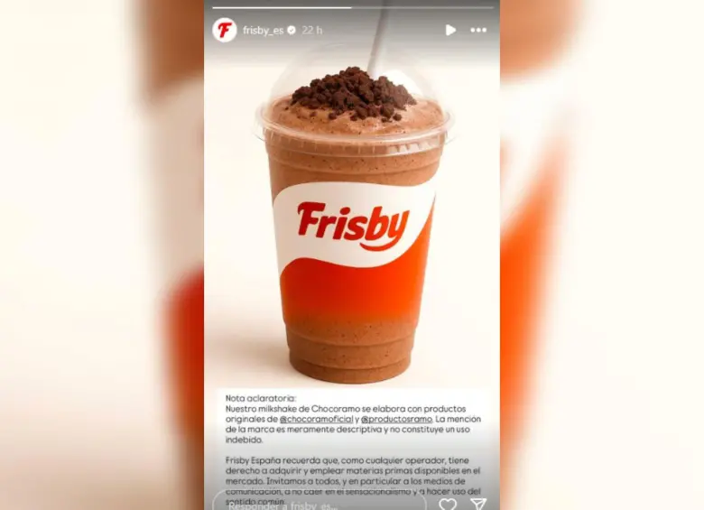 Este es el comunicado que emitió Frisby España defendiéndose de las acusaciones por el lanzamiento de su malteada de Chocorramo. FOTO: Tomada de Instagram