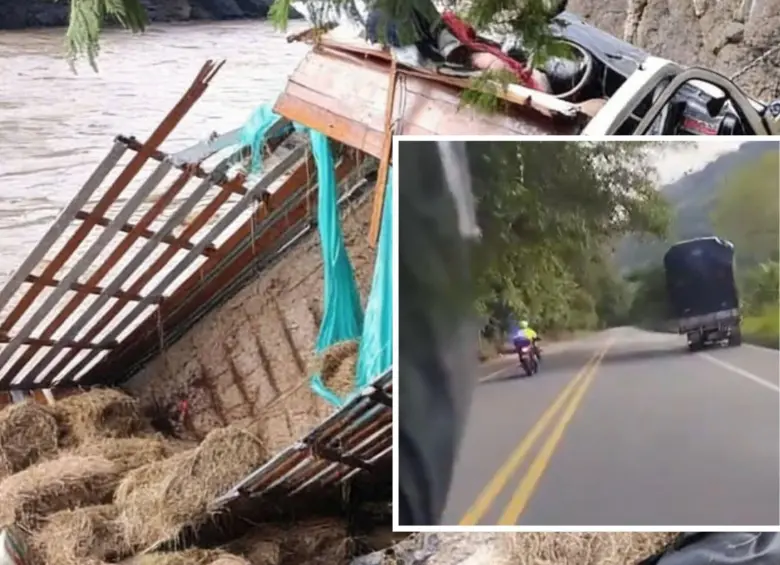 El camión tomó un rumbo abrupto hacia la derecha y rodó por un pronunciado abismo pese a las advertencias de la Policía. Fotos: Cortesía y captura de video.