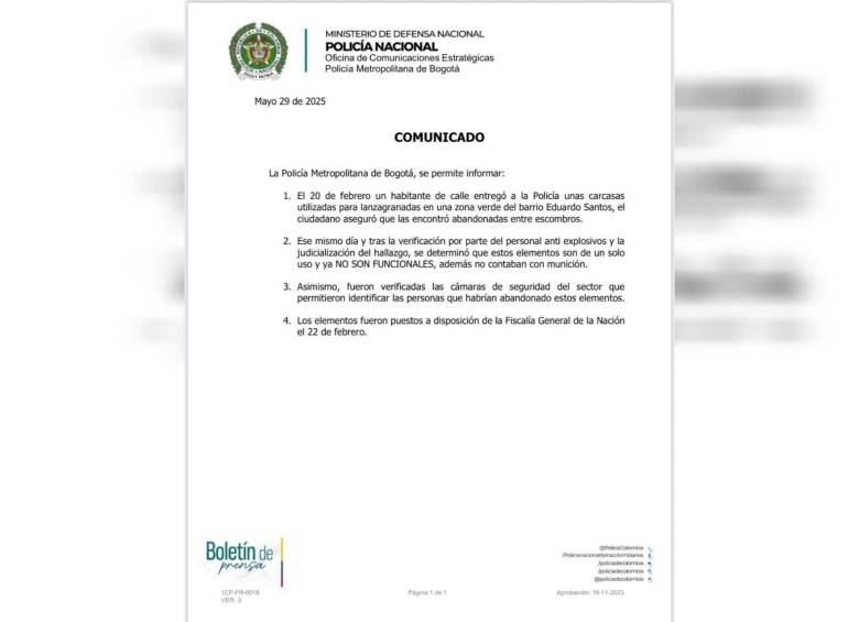 La Policía Metropolitana de Bogotá respondió a las acusaciones del presidente a través de un comunicado. Foto: Cortesía