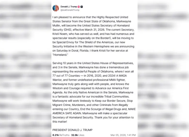 Este fue el mensaje donde Donald Trump anuncia el nuevo cargo de Kristi Noem. Foto: captura Truth social