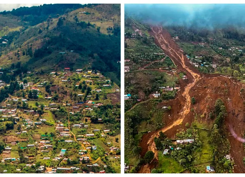 Esta zona deprimida, incrustada a la fuerza en la parte más alta de la ladera nororiental del Valle de Aburrá, se viene poblando desde 1995. La montaña se desprendió el pasado martes. FOTO CAMILO SUÁREZ Y ARCHIVO EL COLOMBIANO