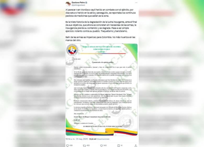 El presidente Gustavo Petro se refirió a una caída en combate de alias Iván Mordisco horas después de que el ministro de Defensa desmintió su muerte. Foto: Captura de pantalla @petrogustavo