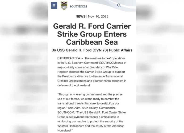 El comando Sur publicó un comunicado informando sobre la presencia del portaaviones más imponente del mundo. Foto: @Southcom