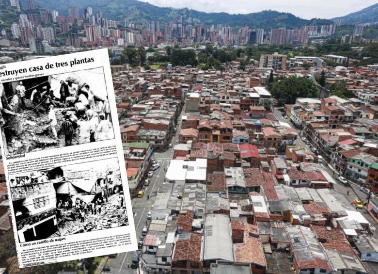 Adelante, archivo de periódico del atentado del barrio San Pío X. Atrás, panorámica de este sector de Itagüí en la actualidad. FOTOS: Manuel Saldarriaga Quintero y Archivo EL COLOMBIANO