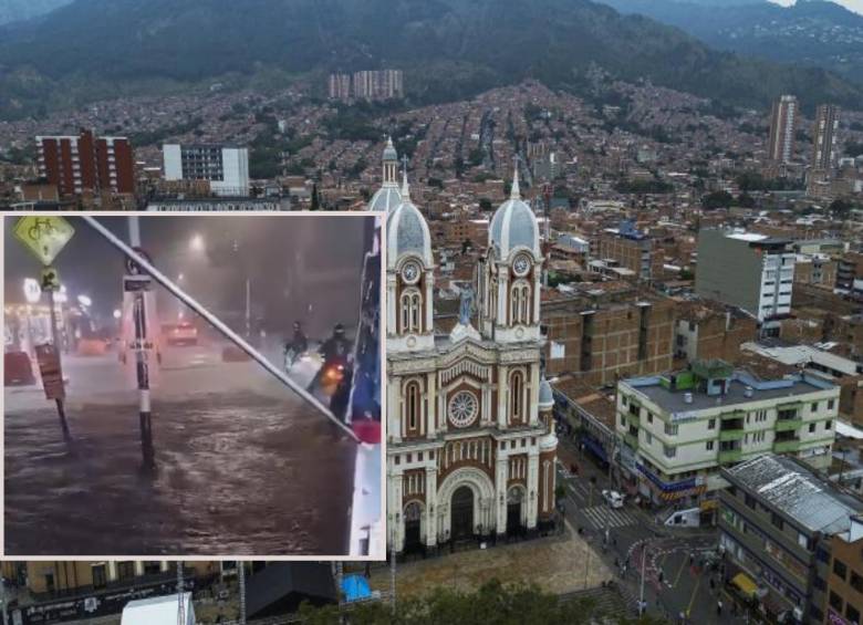 Adelante, las calles de Bello inundadas por el aguacero. Atrás, panorámica del municipio de Bello. Foto: Manuel Saldarriaga Quintero y Cortesía Denuncias Antioquia.