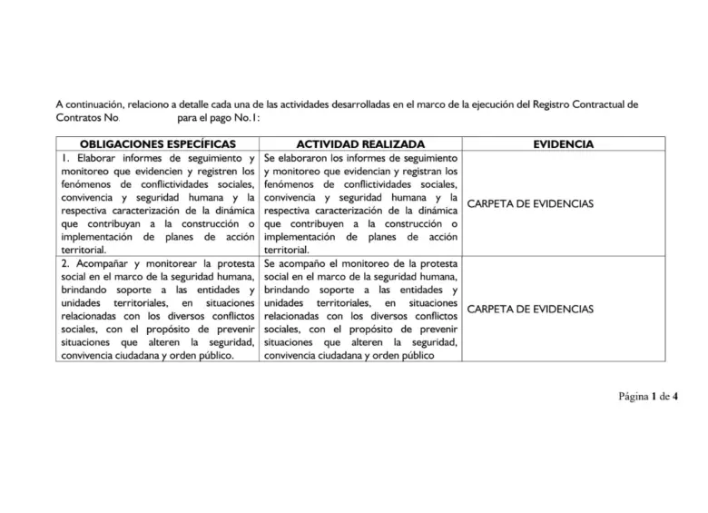 Informe de actividades presentado para pagos. 