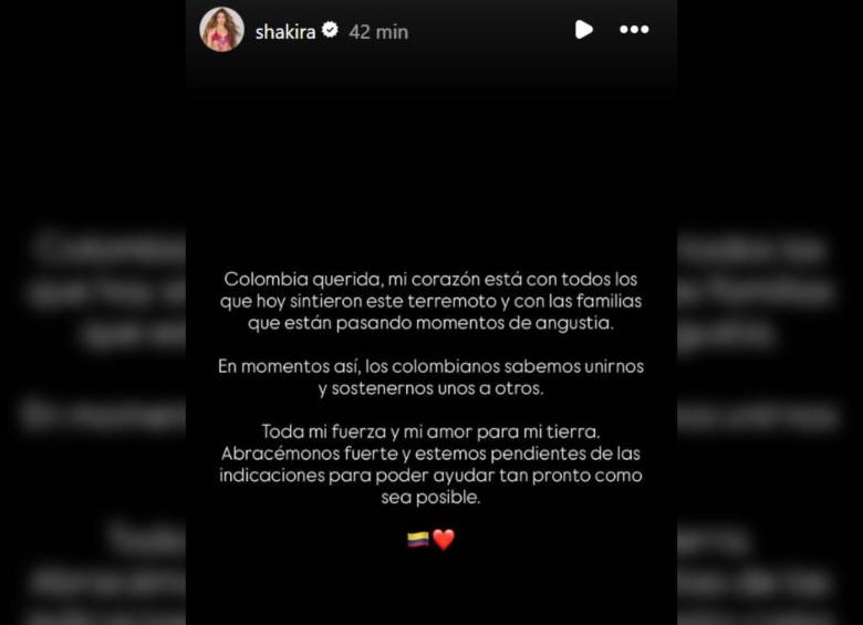 Shakira usó sus historias de Instagram para mandar un mensaje a Colombia. Foto: Captura redes sociales