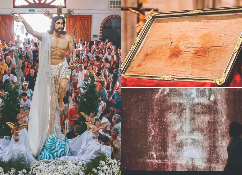 Hoy se festeja el Domingo de Resurrección y a la derecha los mantos que se conservan y con los que fue cubierto el cuerpo de Jesús. FOTOS Manuel Saldarriaga y Getty