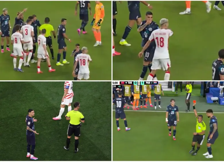 Este fue el momento en que Almiron se tapó la boca y le habló al jugador turco en medio de la polémica. FOTO: Captura de video de redes sociales @Dsports y AFP
