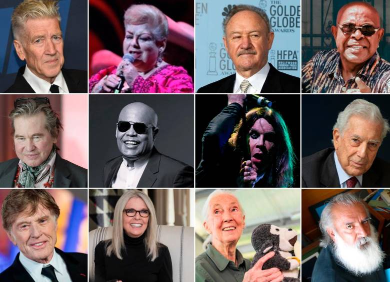 De izquierda a derecha en la primera línea: David Lynch, Paquita la del barrio, Gene Hackman, Wilson Manyoma. Segunda línea: Val Kilmer, Rubby Pérez, Ozzy Osbourne y Mario Vargas Llosa. Tercera linea: Robert Redford, Diane Keaton, Jane Goodall y Gustavo Angarita. Todos fallecidos en 2025. FOTOS Cortesía, Colprensa, Getty y EL COLOMBIANO.