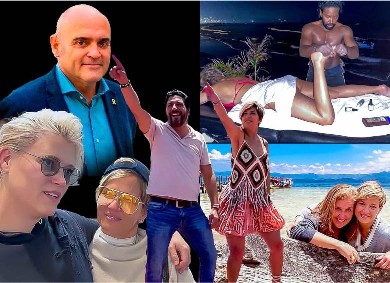 De izquierda a derecha, Verónica Alcocer en diferentes escenas: con la DJ Gunn Lundemo en Estocolmo (Suecia), bailando con el hoy senador del Pacto Histórico Agmeth Escaf, recibiendo un masaje del coreógrafo Nerú en Cartagena y con la española Eva Ferrer. Arriba, el catalán Xavier Vendrell. Foto: Redes sociales/EL COLOMBIANO.