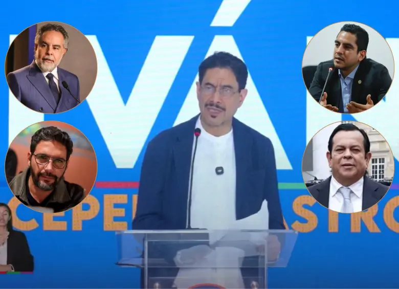 Iván Cepeda, excandidato presidencial. En la foto, arriba a la izquierda: Armando Benedetti, ministro del Interior; abajo, Agmeth Escaf, congresista. Arriba a la derecha: Alex Flórez, senador; abajo, Euclides Torres, contratista. Fotos: Colprensa, captura de video y redes sociales. 