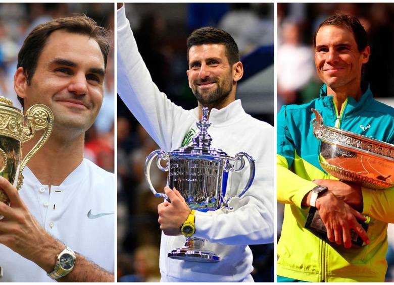Roger Federer (izquierda), Novak Djokovic (centro) y Rafael Nadal (derecha), los 3 integrantes del Big-3. FOTOS: X Wimbledon, USOpen y RolandGarros