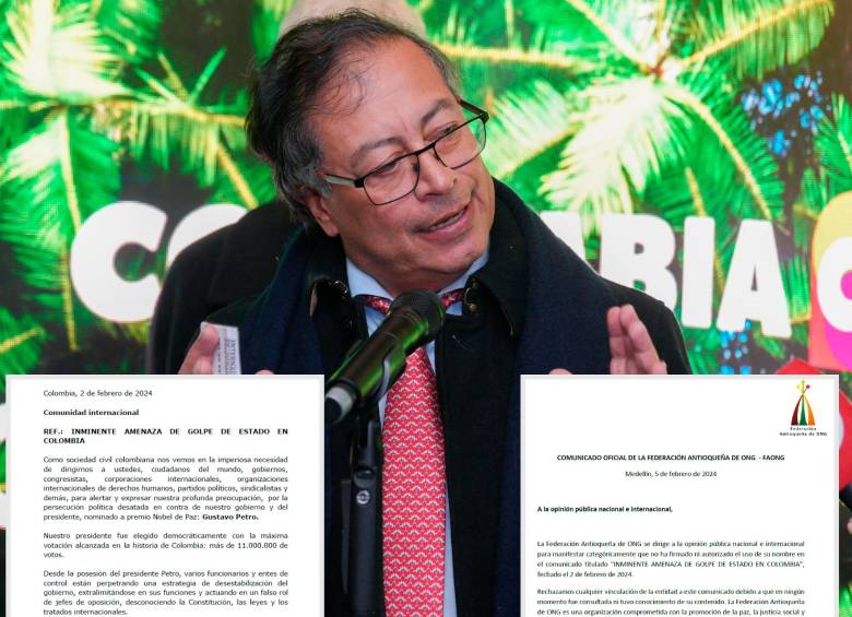 En la imagen los dos comunicados, el primero que denuncia un golpe de Estado contra Petro y el segundo de la Federación Antioqueña de ONG que desmiente su respaldo al mismo. FOTOS: Colprensa y pantallazos comunicados
