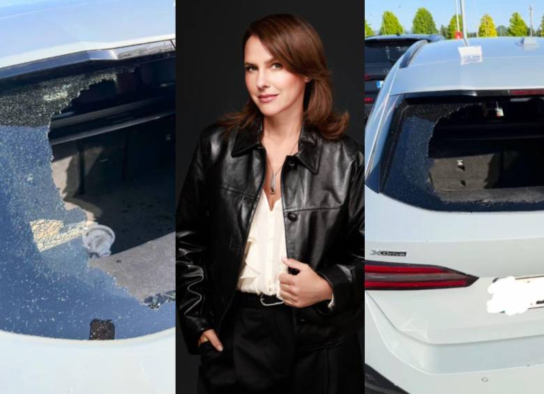 Así quedó el auto donde viajaba Paola Turbay con su familia tras el robo en Europa. Fotos: Colprensa y captura de video Instagram @paolaturbay