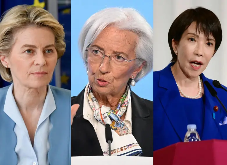 Las mujeres que lideran el listado, de izq. a der.: Ursula von der Leyen, presidenta de la Comisión Europea; Christine Lagarde, presidenta del Banco Central Europeo y Sanae Takaichi, primer ministra de Japón. Foto: Getty, AP y AFP