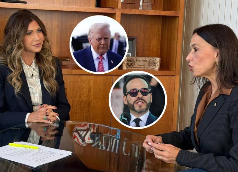 La embajadora de Colombia en Washington María Consuelo Araújo (der.) se reunió con la delegada para el Escudo de las Américas, Kristi Noem; también con el presidente Donald Trump. FOTO: Embajada de Colombia, Getty y Colprensa
