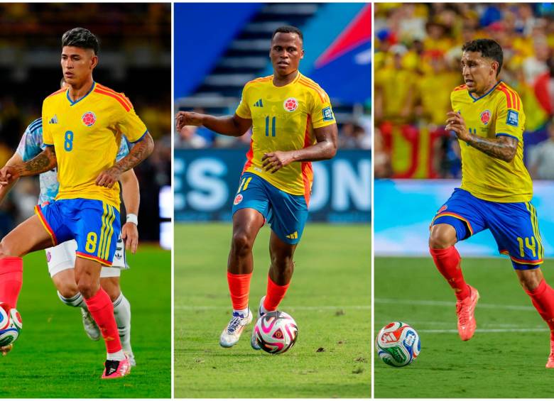 Jorge Carrascal, Jhon Arias y Gustavo Puerta estuvieron en la Copa del Mundo 2026 con Colombia. Alguno de ellos puede ser el primero en llevar la 10 después de James Rodríguez. FOTO Juan Antonio Sánchez